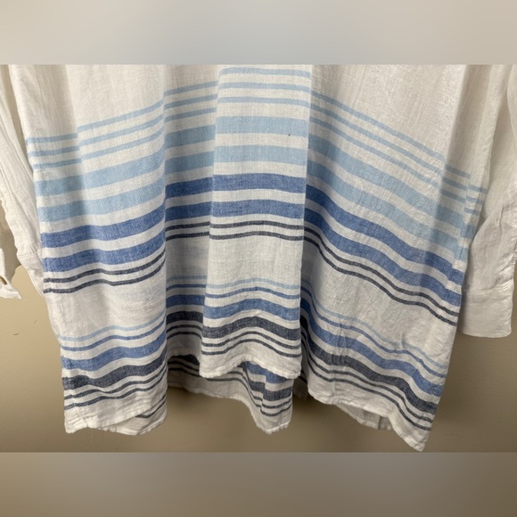 J. JILL Linen Blend Large White Blue Striped Pleated Tunic Top Coastal Beach - Picture 5 of 12